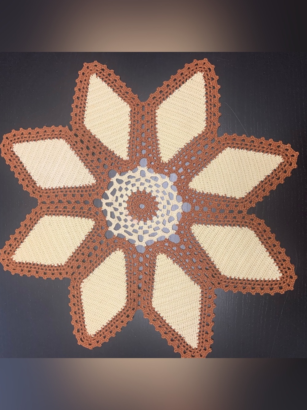 Handmade Vintage 1970s Starburst Crochet Doily in Cream and Rust